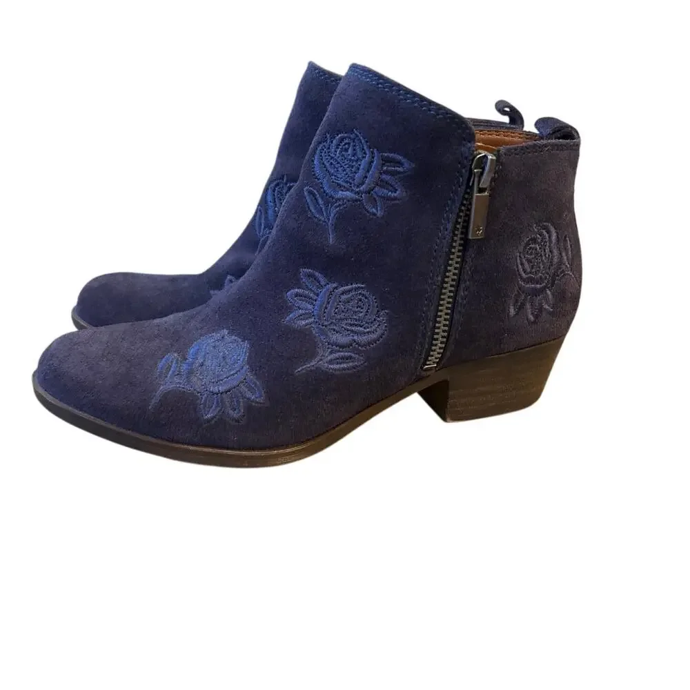 Lucky Brand Navy Blue Suede Ankle Boots Size 7M Floral Rose Embroidery Side Zip